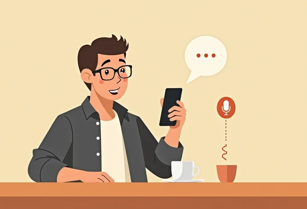 A man practicing a conversation out loud at home, alone with his phone